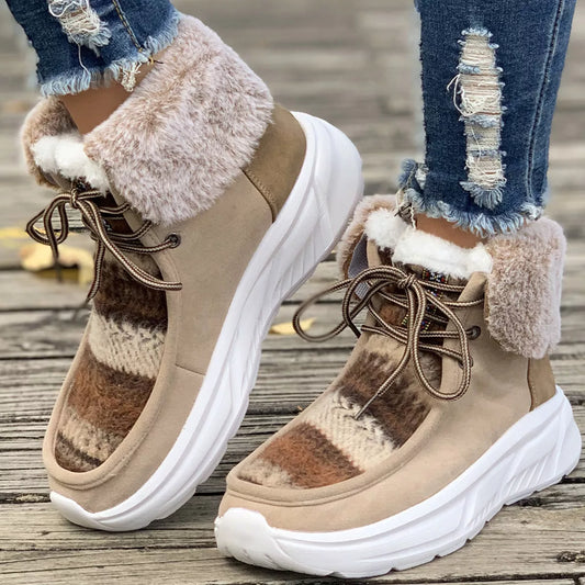 faux fur lace-up ankle boots with suede exterior and cushioned white sole