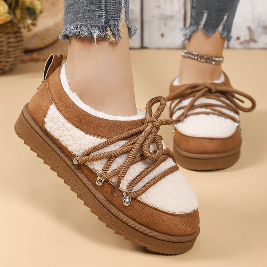 Casual sherpa lace-up flat shoes with soft suede trim and cushioned sole for everyday comfort