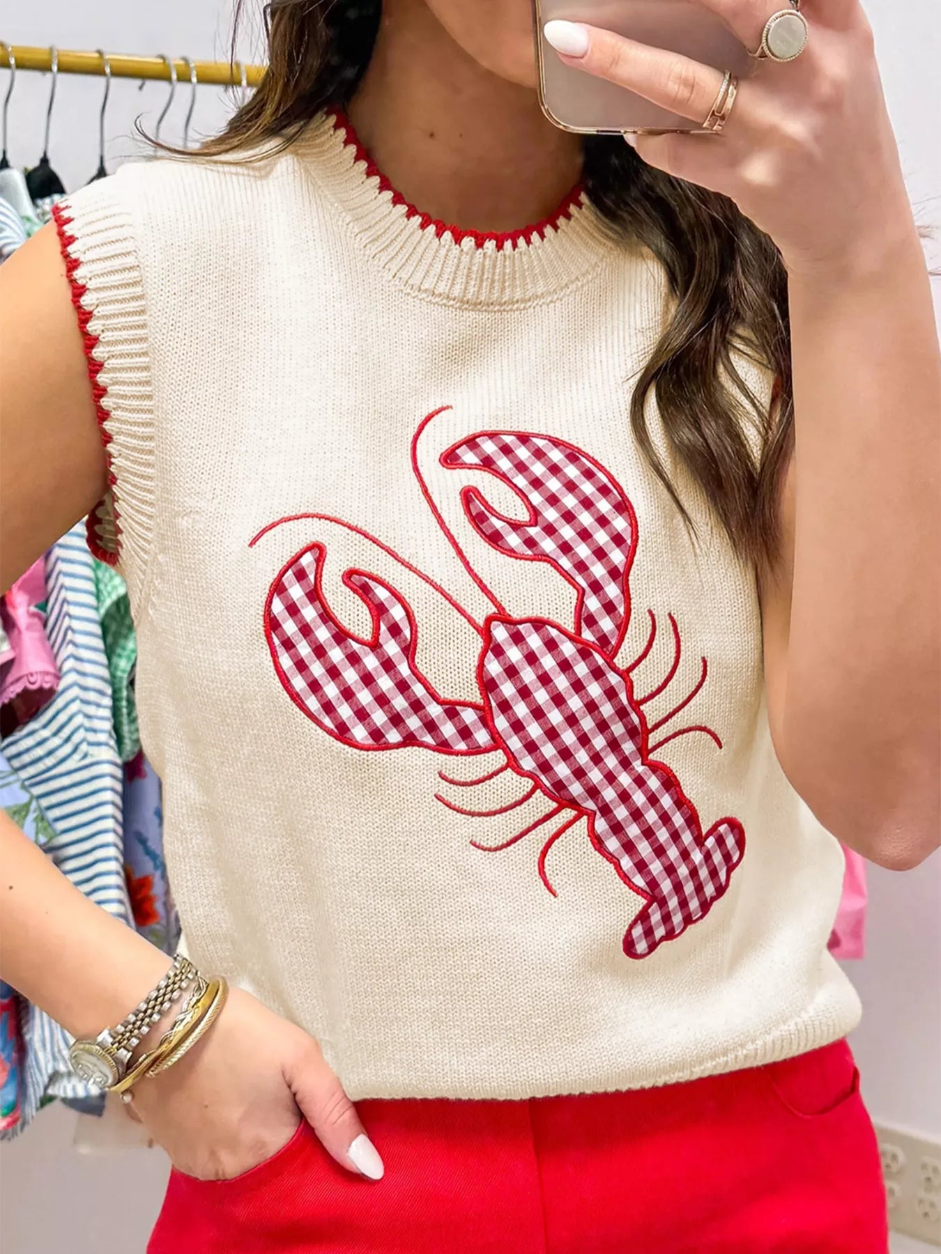 sleeveless knit tank with red gingham lobster design and coastal style