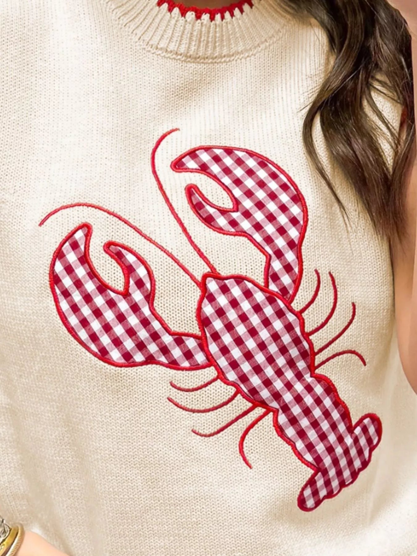 sleeveless knit tank with red gingham lobster design and coastal style
