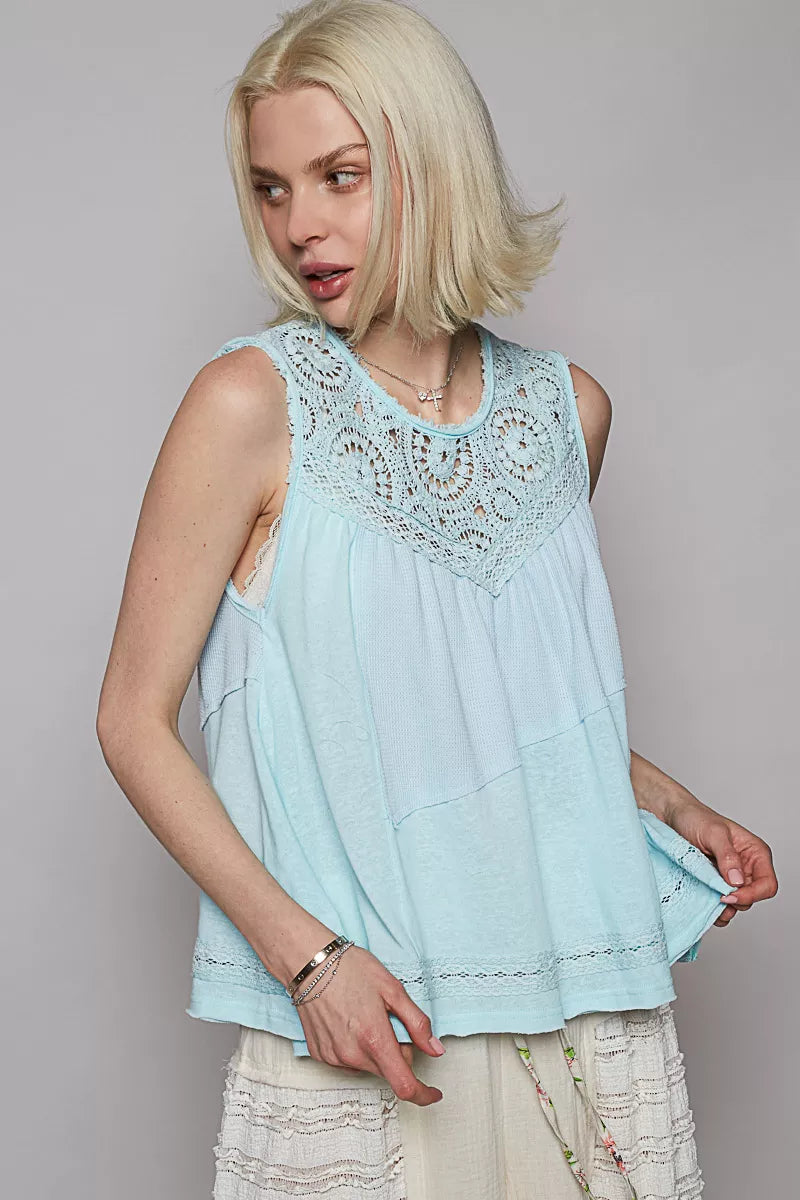 Sleeveless thermal top with crochet yoke and relaxed fit