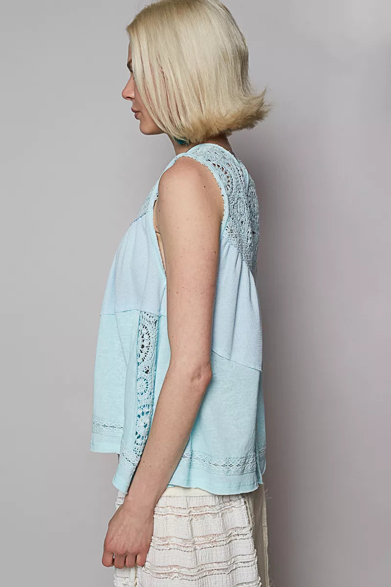 Sleeveless thermal top with crochet yoke and relaxed fit