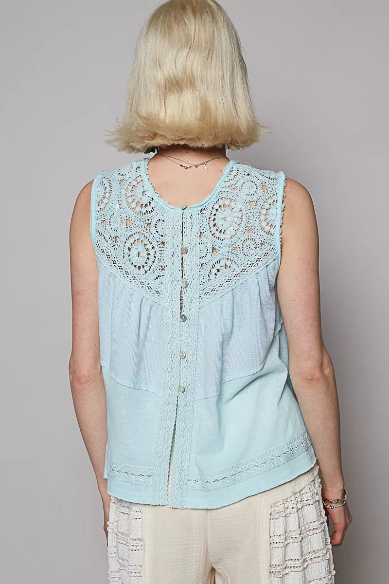 Sleeveless thermal top with crochet yoke and relaxed fit