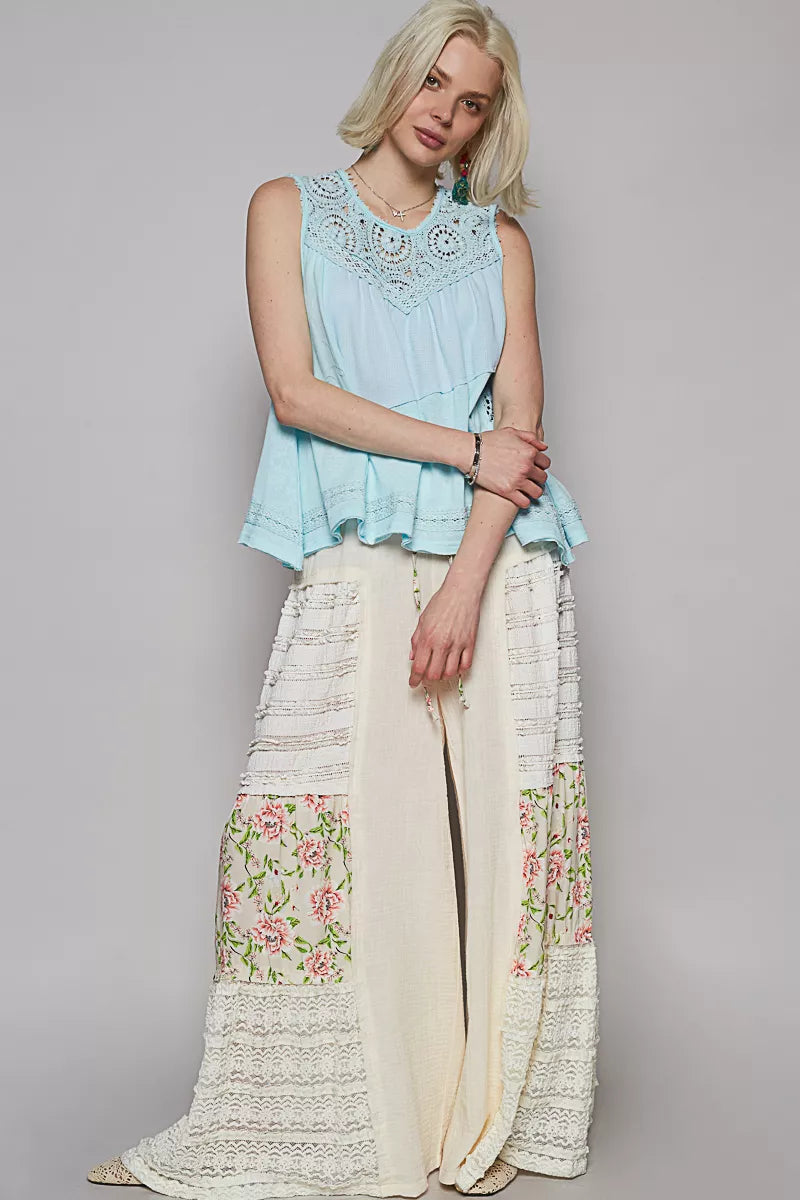 Sleeveless thermal top with crochet yoke and relaxed fit