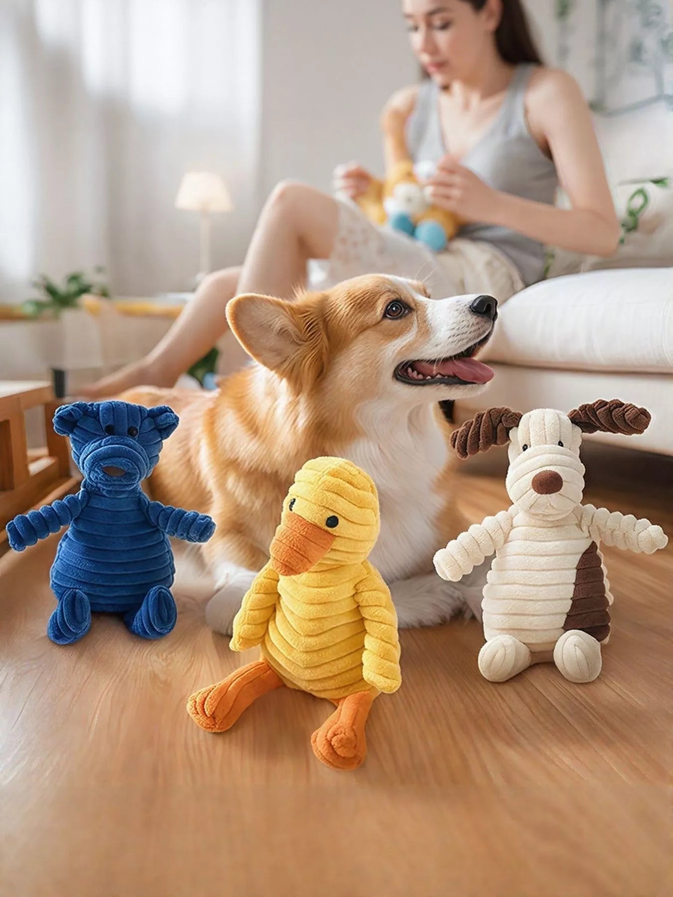 Corduroy animal plush toy available in duck, bear, dog, elephant, cow, and cat designs