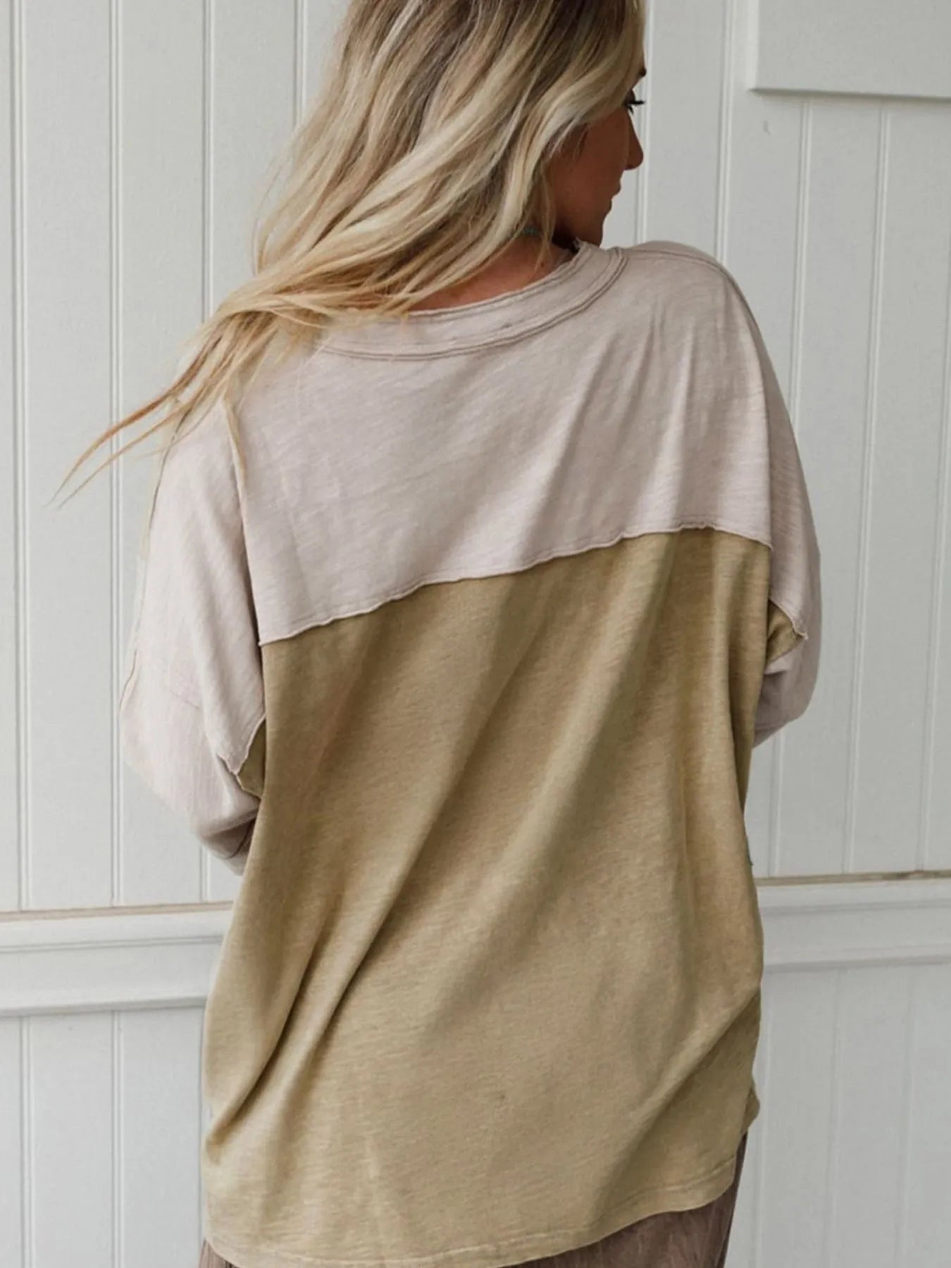Beige and olive color block V-neck tee with pastel daisy floral patches – Daisy Patch Vibe style from A Whimsical Affair.