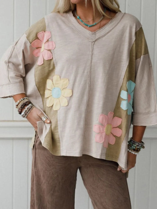 Beige and olive color block V-neck tee with pastel daisy floral patches – Daisy Patch Vibe style from A Whimsical Affair.