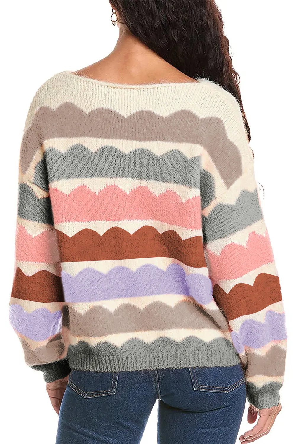 Colorful scalloped stripe boutique knit sweater with ribbed cuffs and relaxed fit