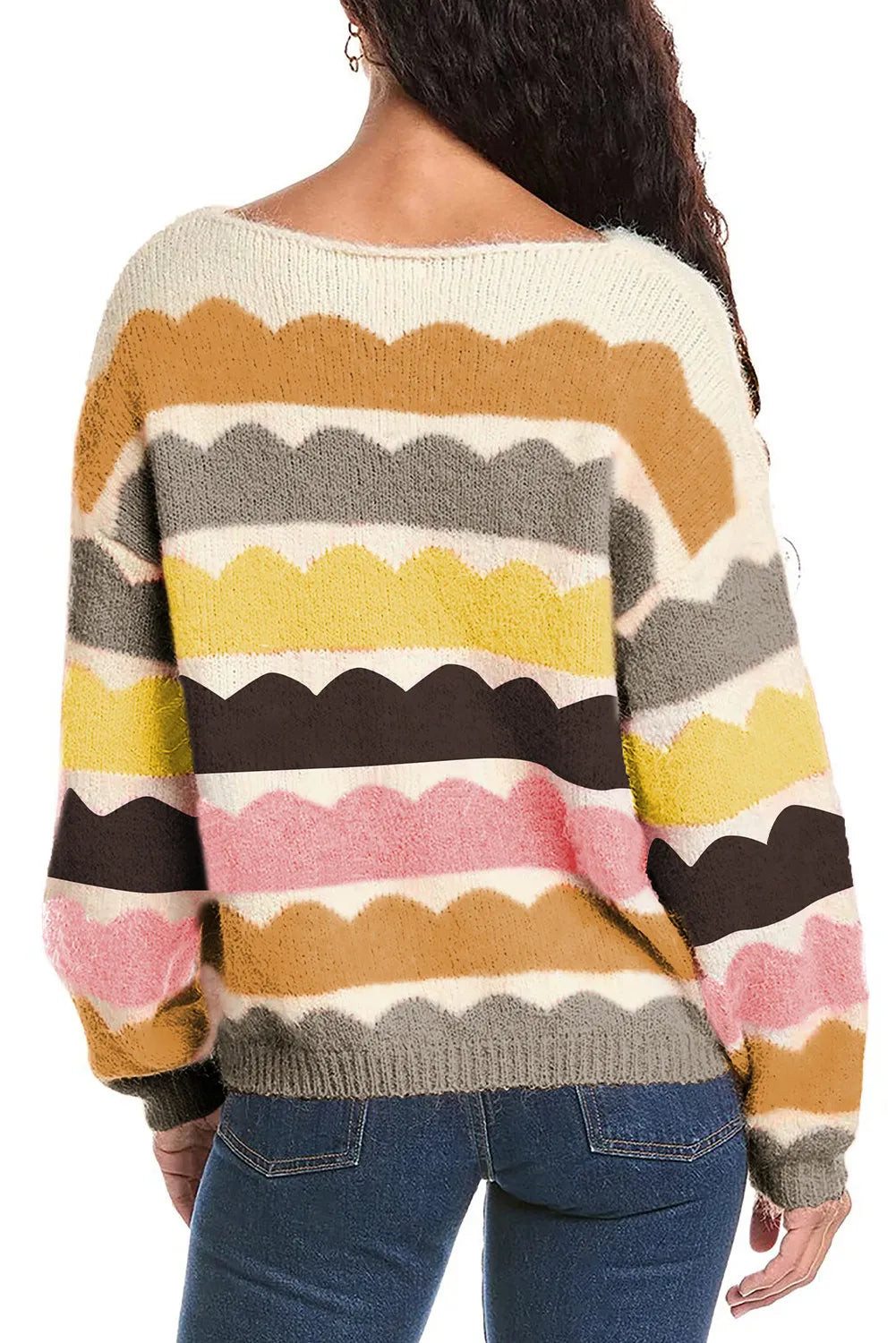 Colorful scalloped stripe boutique knit sweater with ribbed cuffs and relaxed fit