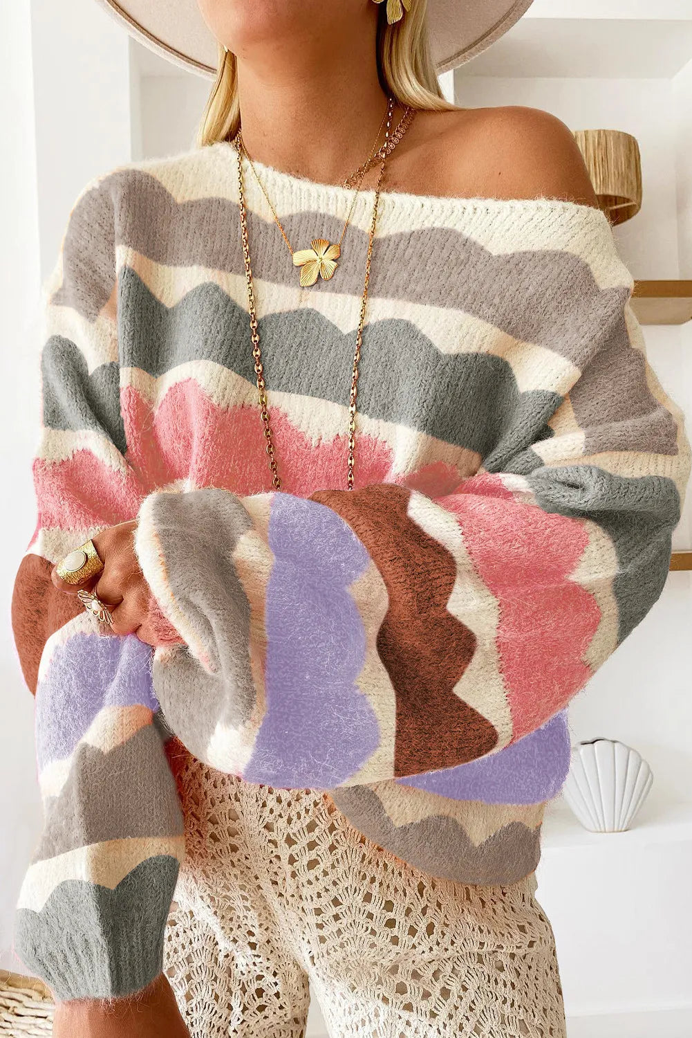 Colorful scalloped stripe boutique knit sweater with ribbed cuffs and relaxed fit