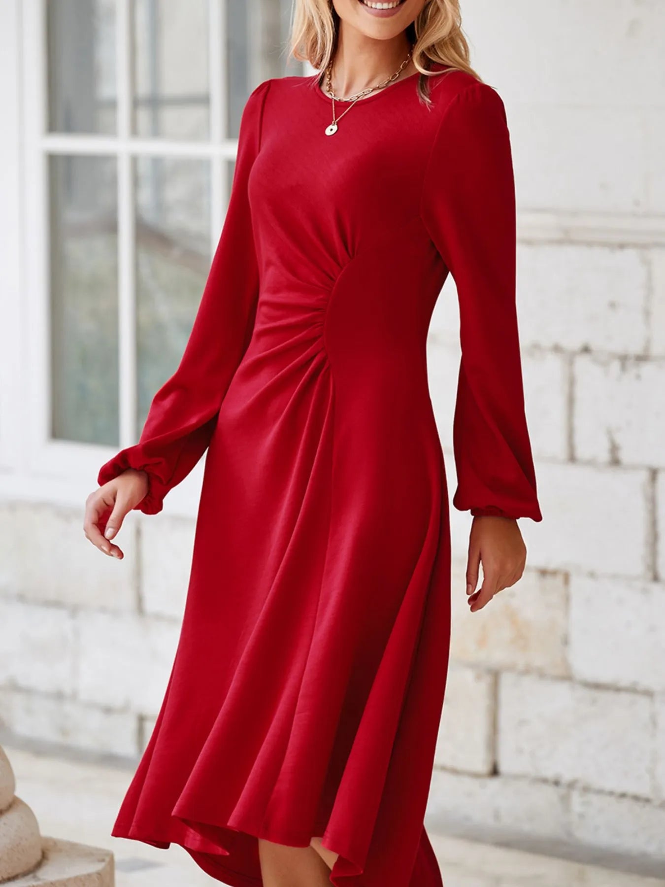 Long sleeve ruched midi dress in coffee brown, cerise, and deep red – Velvet Roast style from A Whimsical Affair.