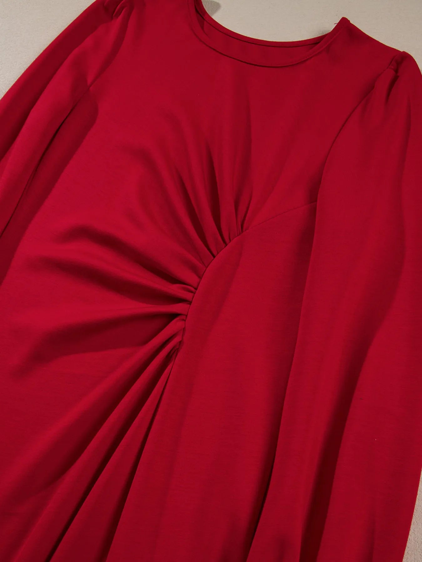 Long sleeve ruched midi dress in coffee brown, cerise, and deep red – Velvet Roast style from A Whimsical Affair.