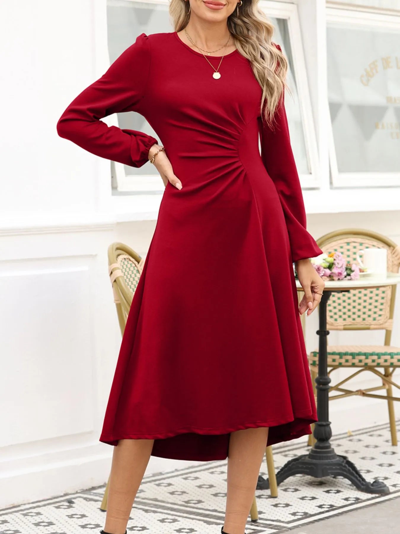 Long sleeve ruched midi dress in coffee brown, cerise, and deep red – Velvet Roast style from A Whimsical Affair.