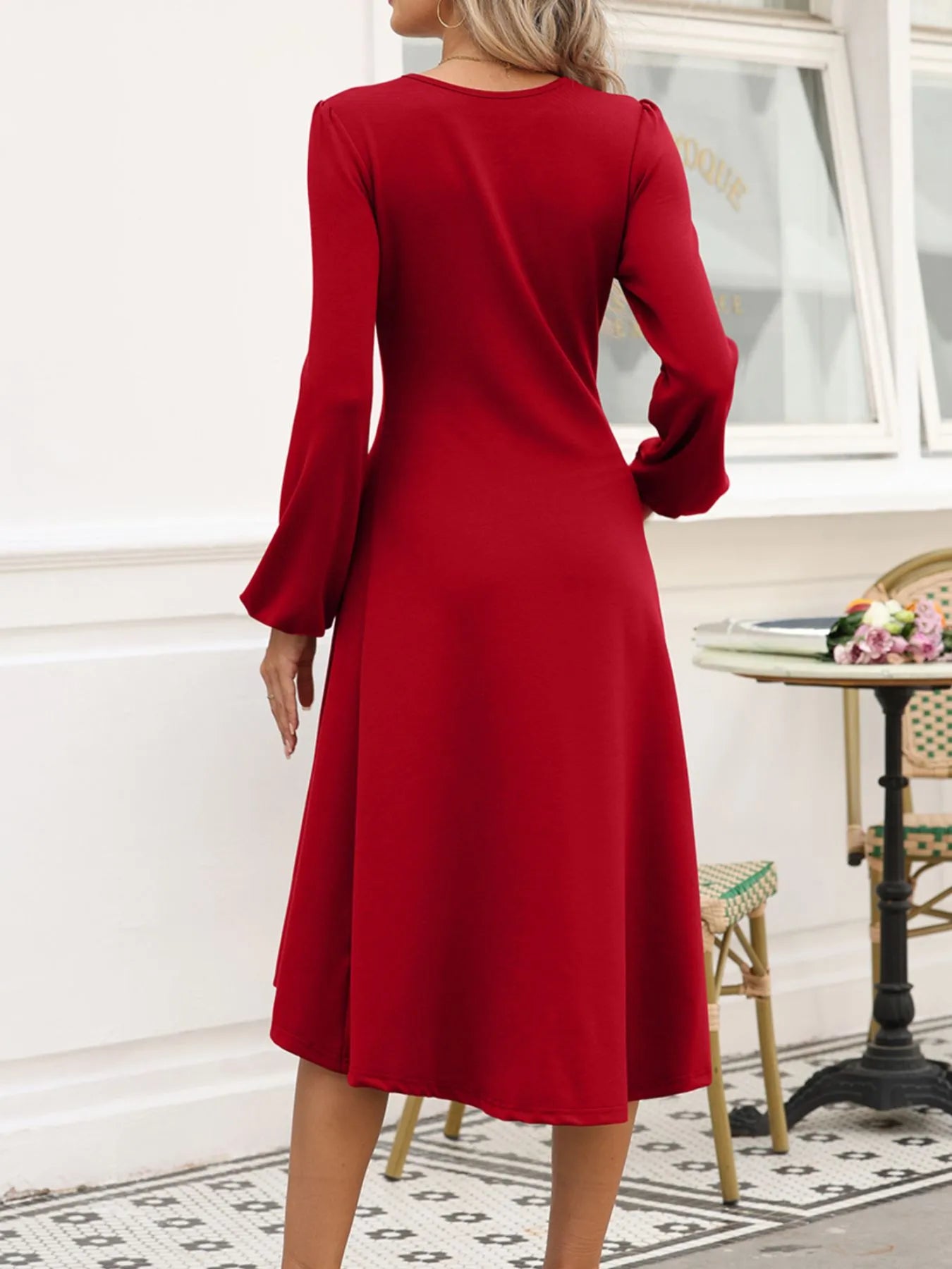 Long sleeve ruched midi dress in coffee brown, cerise, and deep red – Velvet Roast style from A Whimsical Affair.