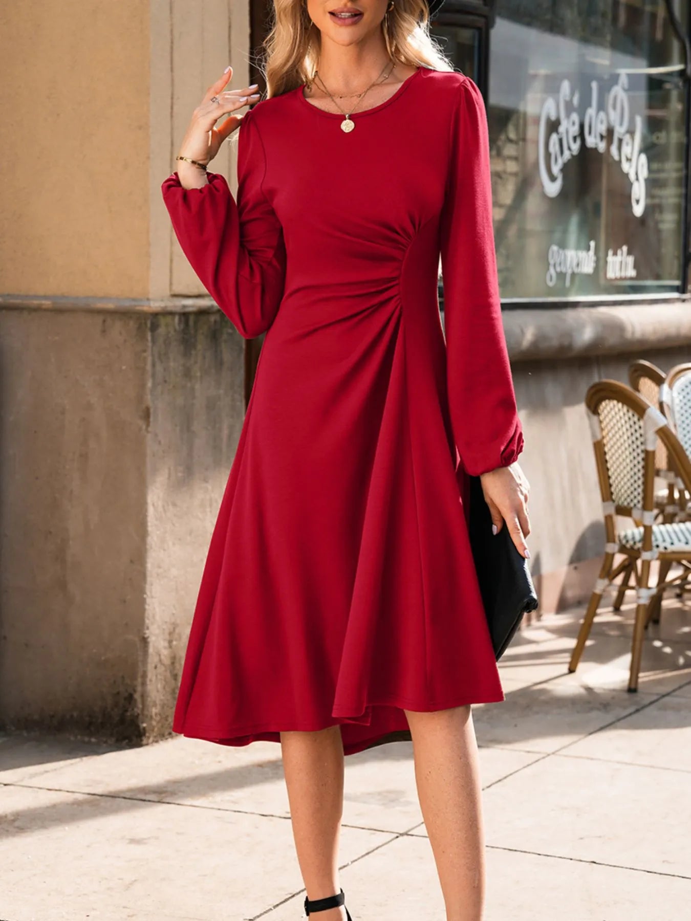 Long sleeve ruched midi dress in coffee brown, cerise, and deep red – Velvet Roast style from A Whimsical Affair.