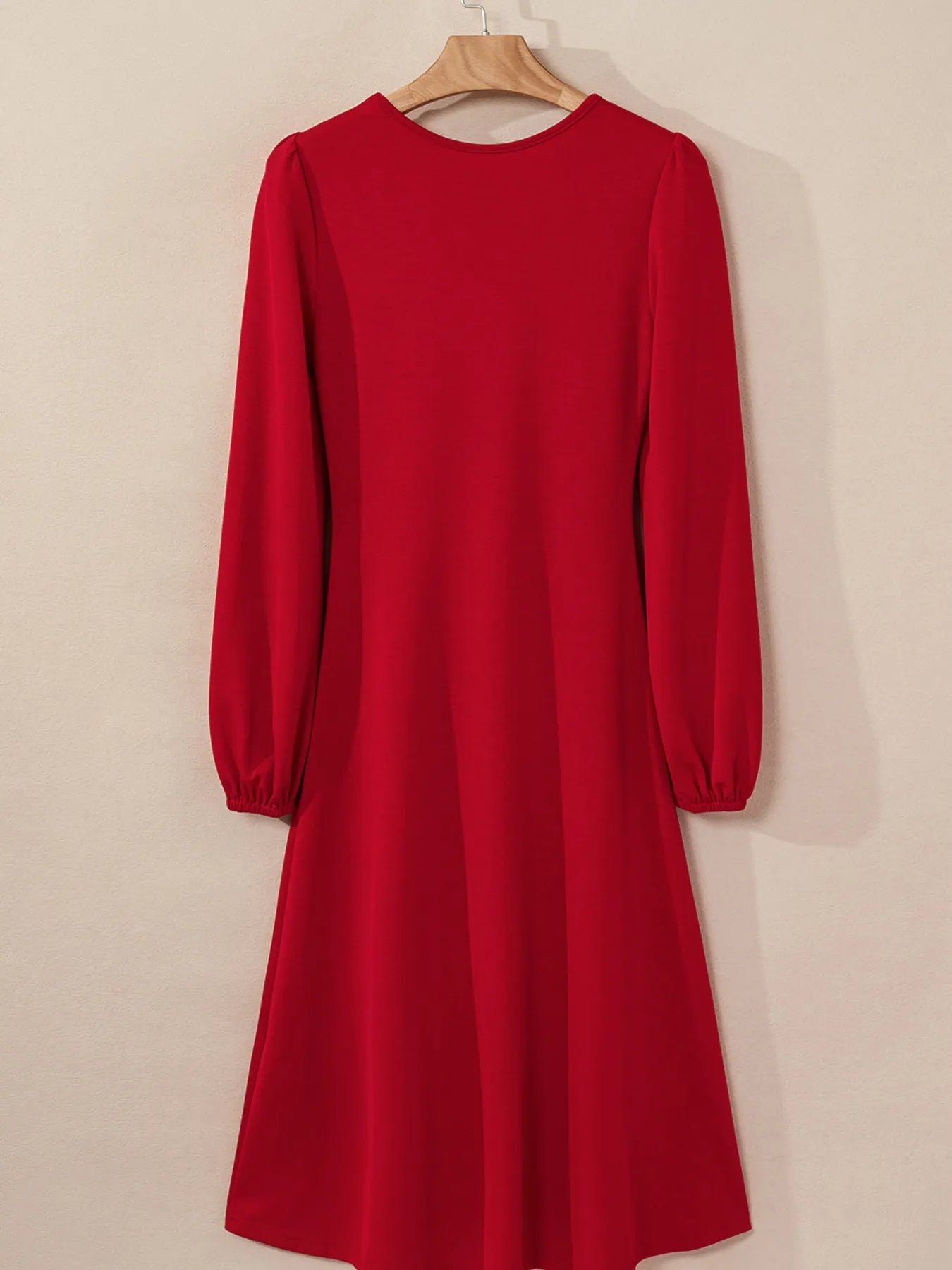 Long sleeve ruched midi dress in coffee brown, cerise, and deep red – Velvet Roast style from A Whimsical Affair.