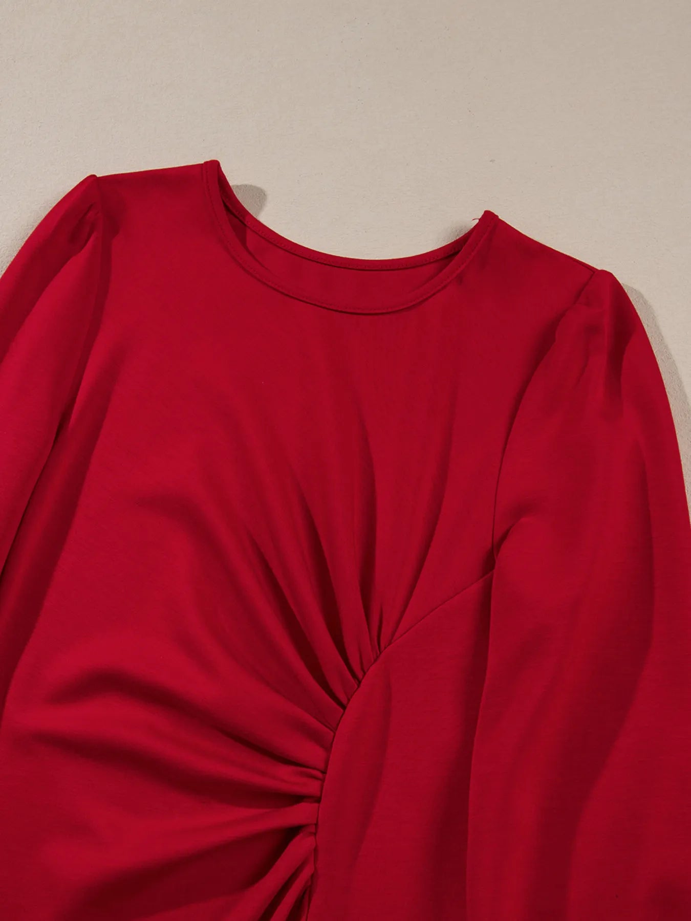 Long sleeve ruched midi dress in coffee brown, cerise, and deep red – Velvet Roast style from A Whimsical Affair.