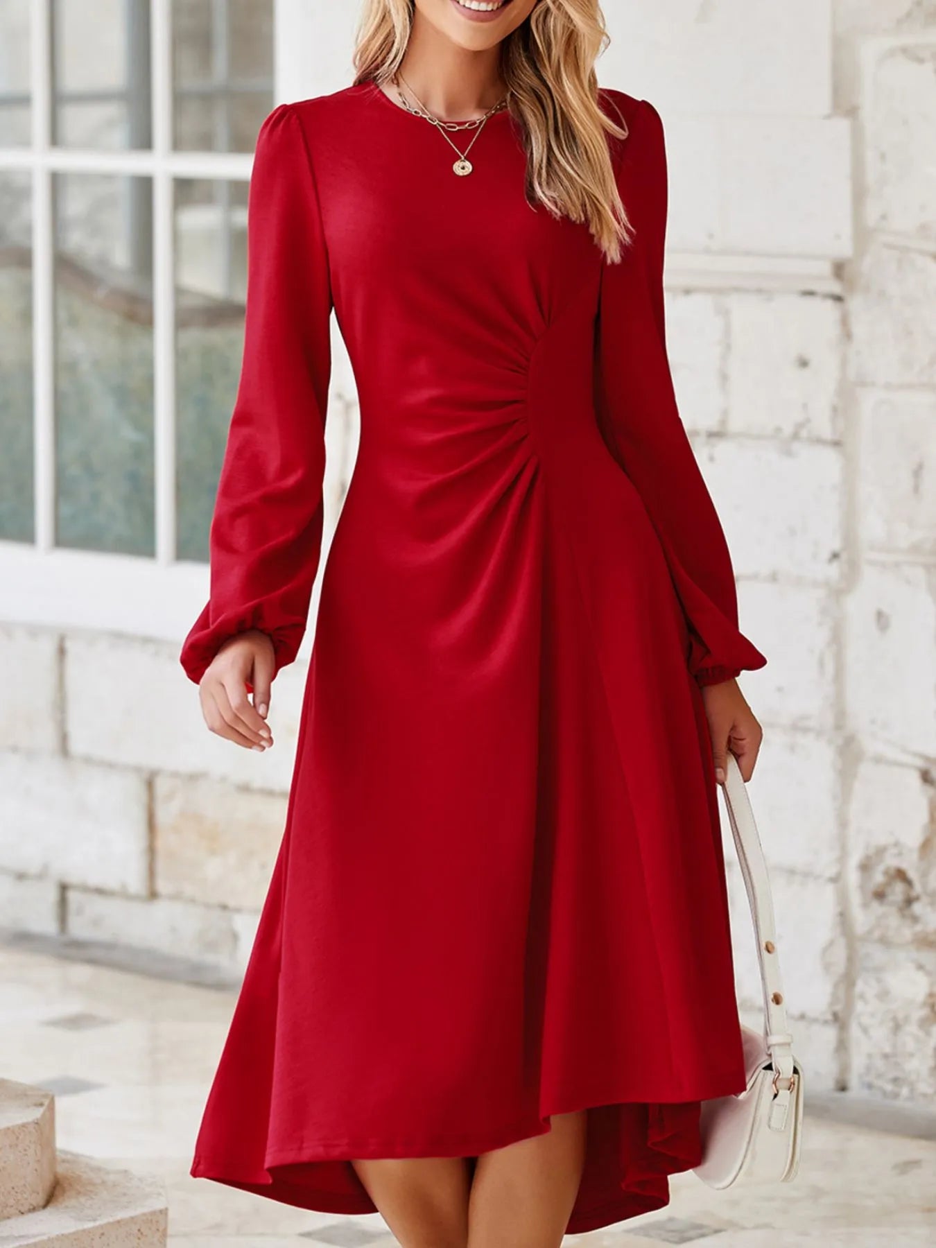 Long sleeve ruched midi dress in coffee brown, cerise, and deep red – Velvet Roast style from A Whimsical Affair.