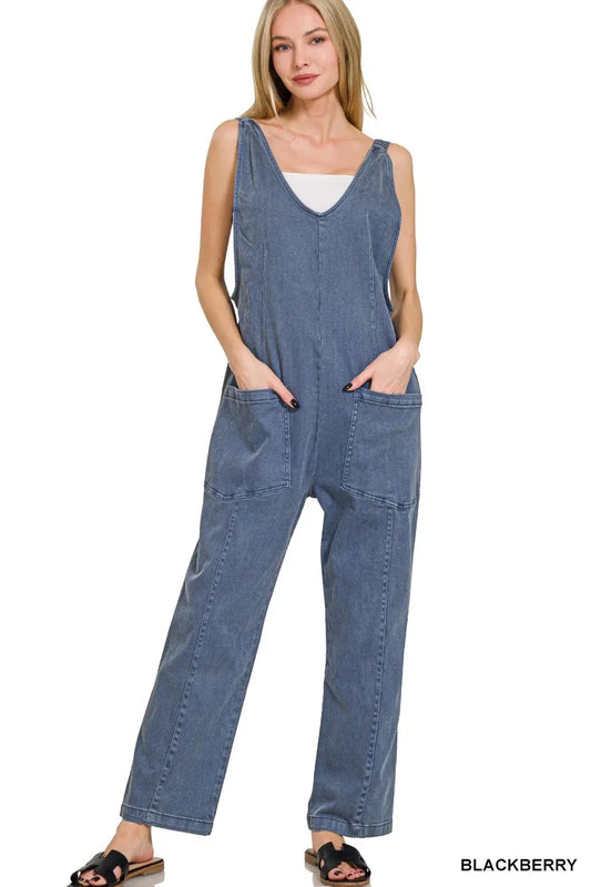 Denim Days Adjustable Strap Jumpsuit in blackberry wash – relaxed baggy fit with adjustable straps and pockets.