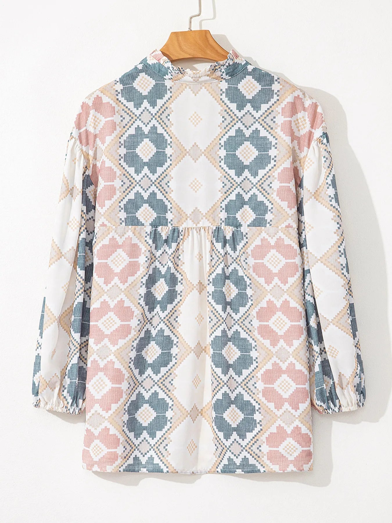 Bohemian geometric print blouse with frilled neckline and tassel tie – Desert Dunes style from A Whimsical Affair.