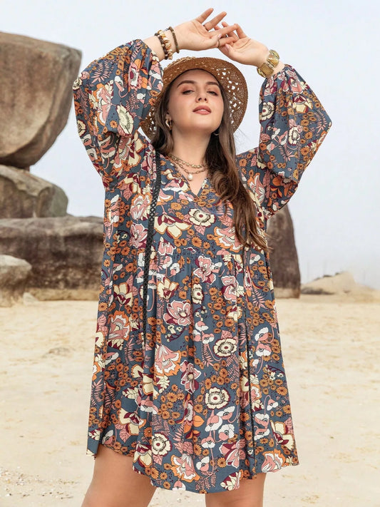 Boho floral mini dress with long sleeves, ruched waist, and flowy fit in multicolor print