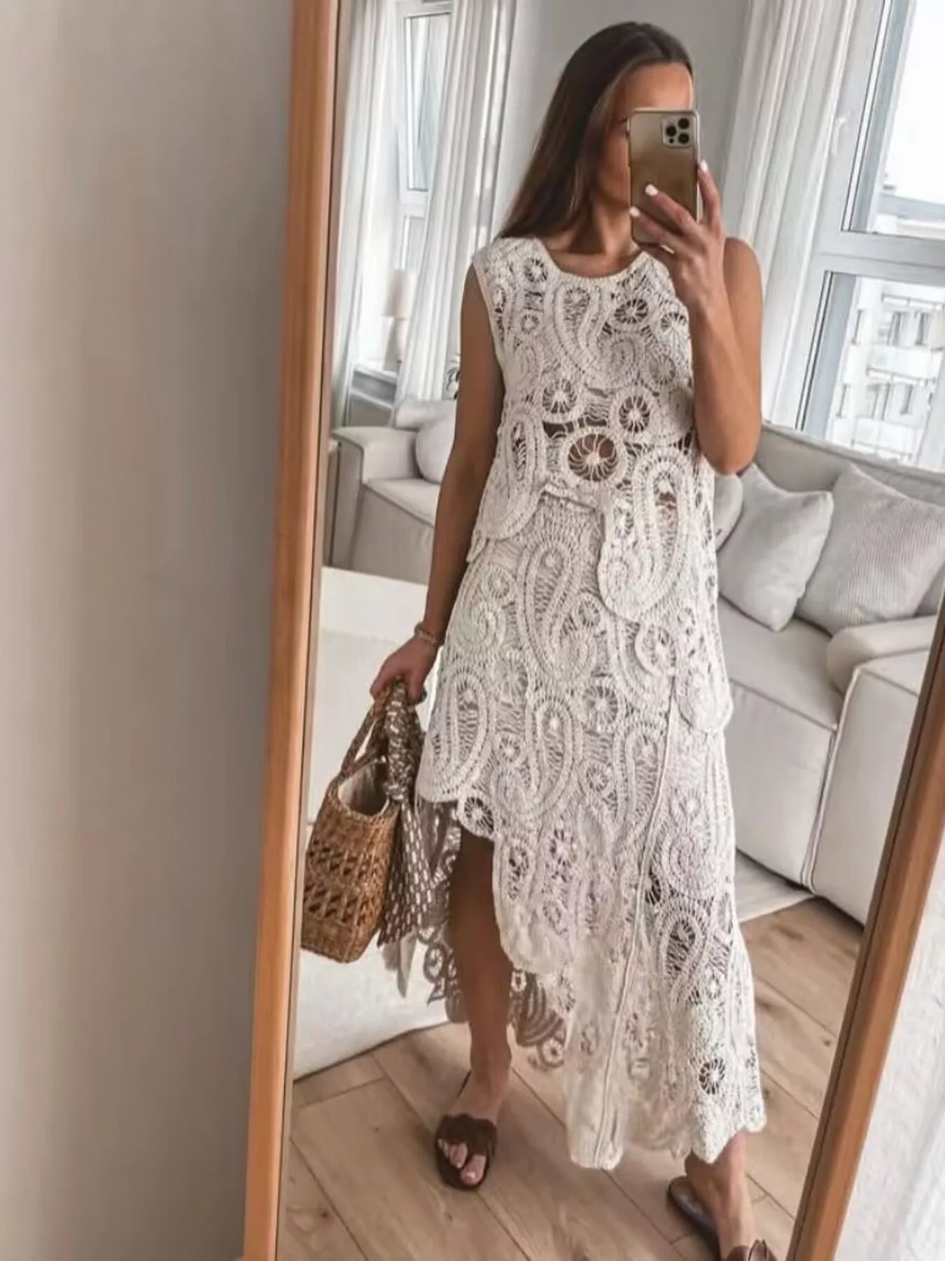 Dust Storm crochet two-piece set with sleeveless tank and asymmetrical skirt – Desert Muse style from A Whimsical Affair.