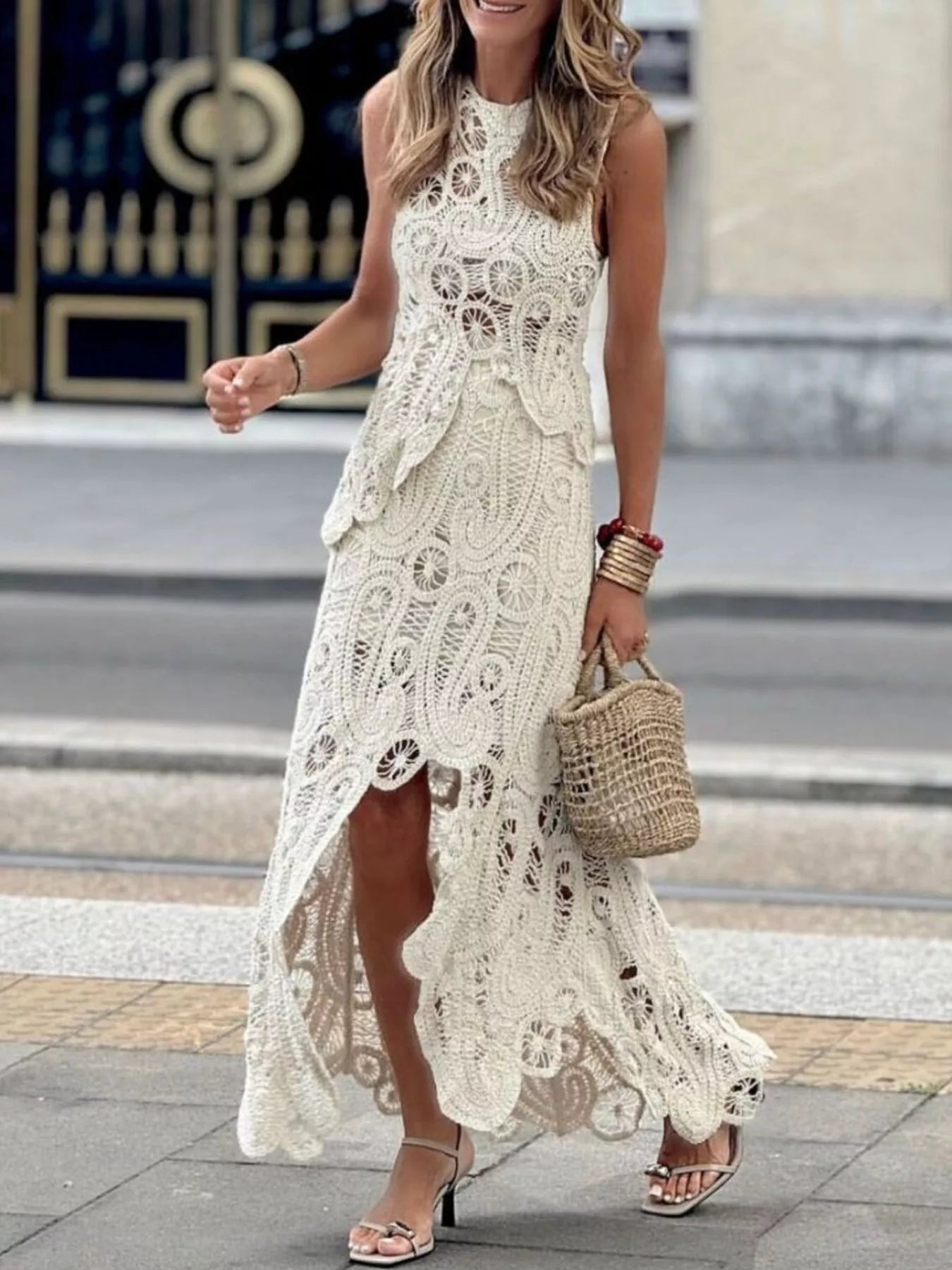 Dust Storm crochet two-piece set with sleeveless tank and asymmetrical skirt – Desert Muse style from A Whimsical Affair.