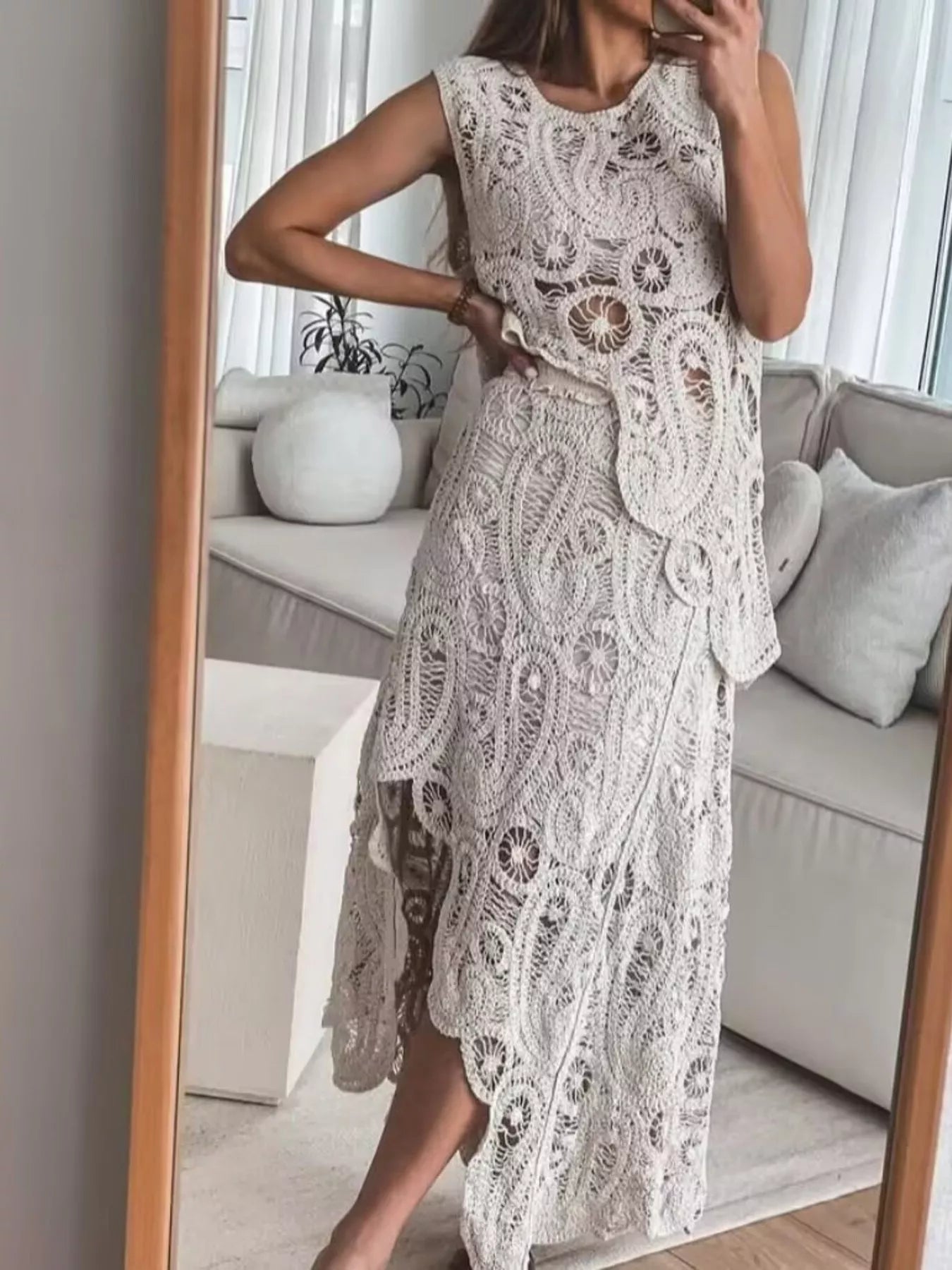 Dust Storm crochet two-piece set with sleeveless tank and asymmetrical skirt – Desert Muse style from A Whimsical Affair.