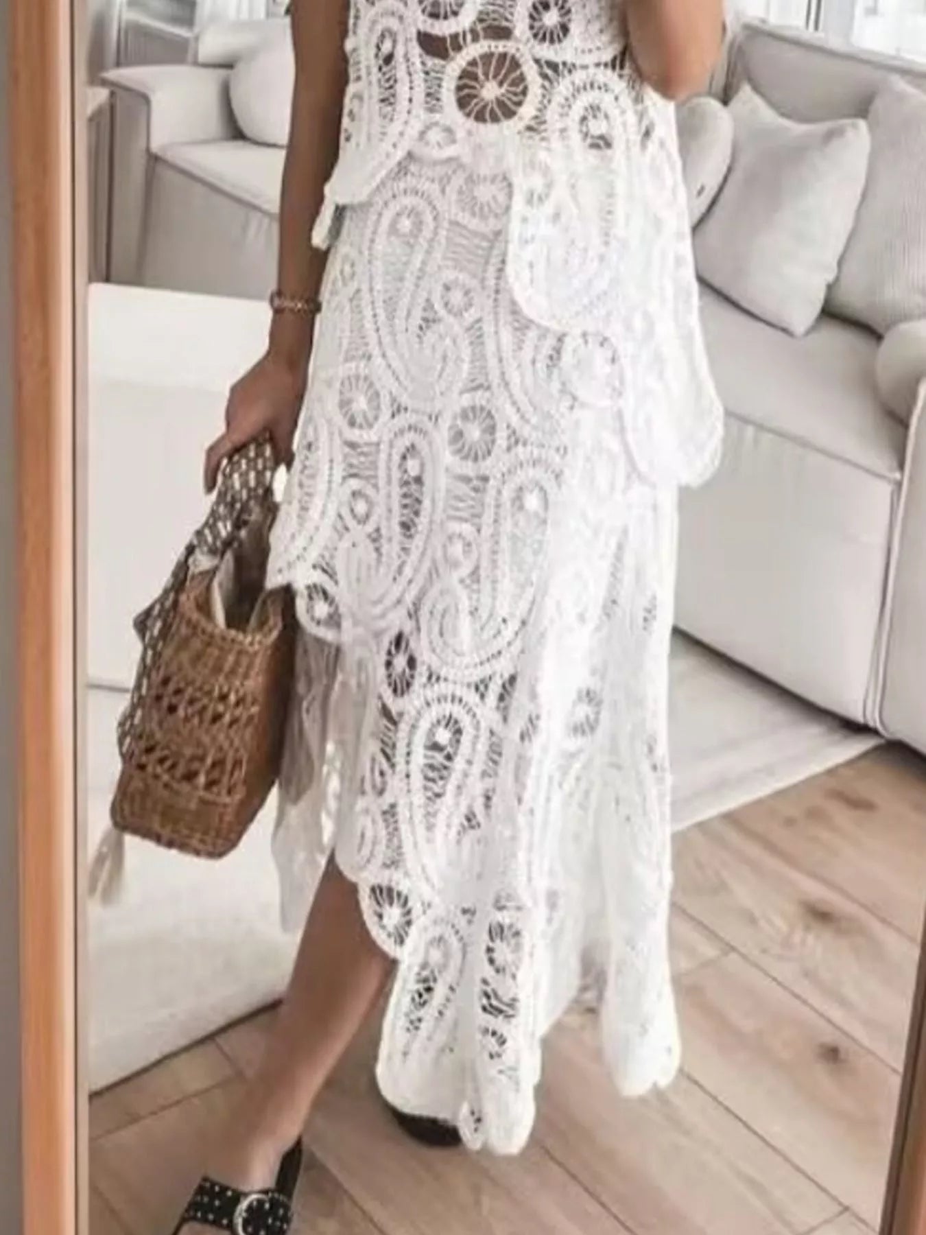 White crochet two-piece set with sleeveless tank and asymmetrical skirt – Desert Muse style from A Whimsical Affair.