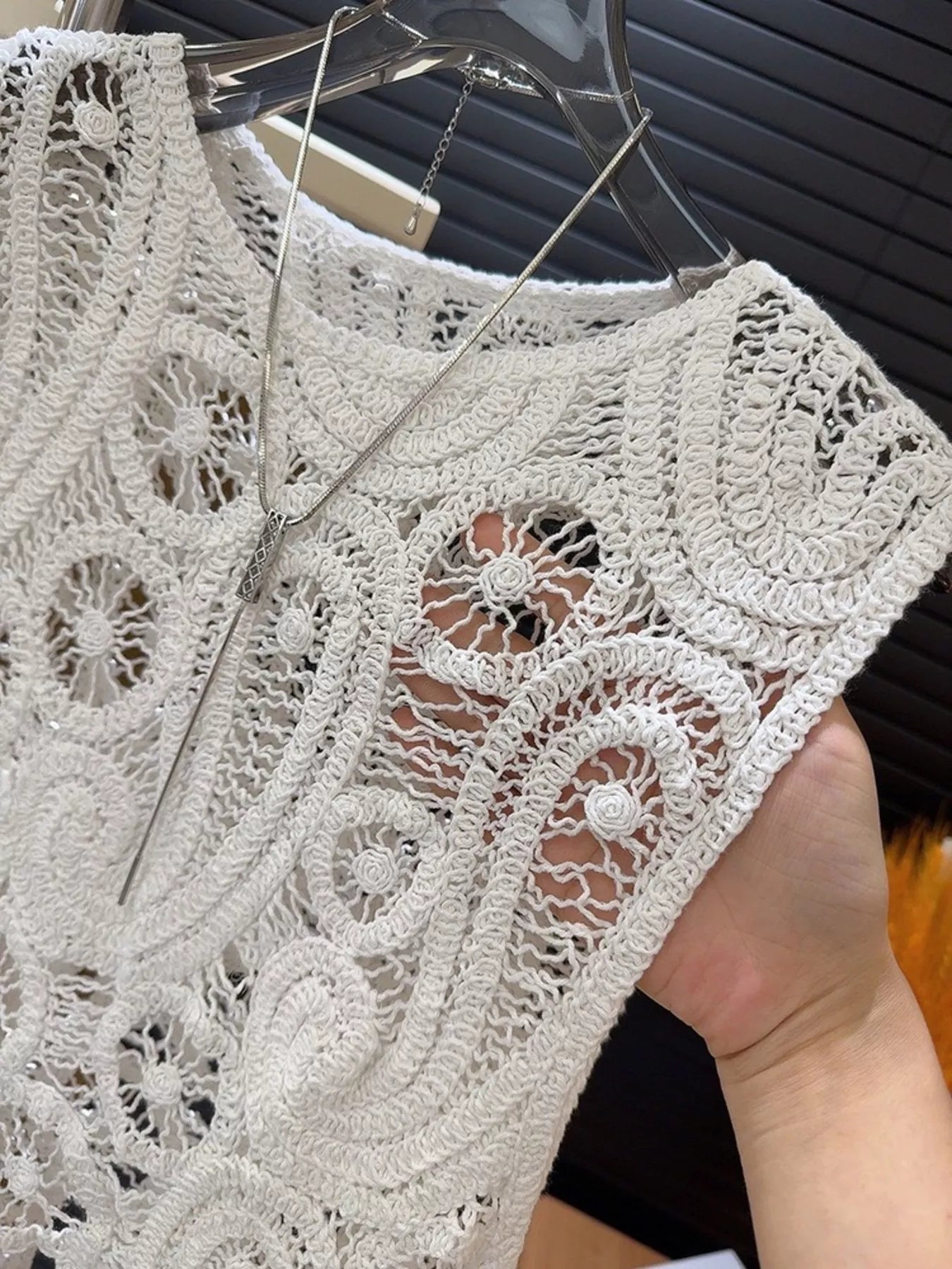 White crochet two-piece set with sleeveless tank and asymmetrical skirt – Desert Muse style from A Whimsical Affair.