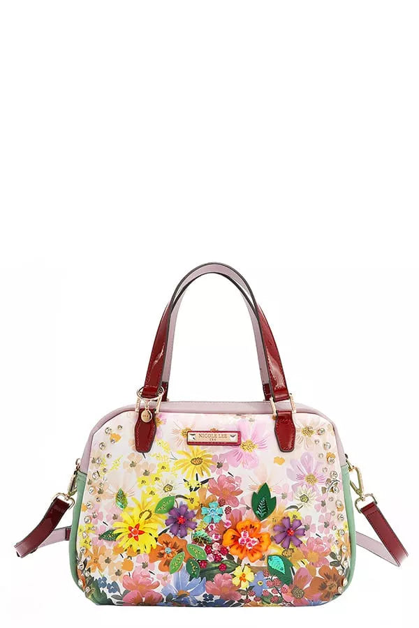 Dreams Blossom Handbag – Nicole Lee USA medium vegan leather purse with 3D floral appliqués, sequins, and rhinestone embellishments.