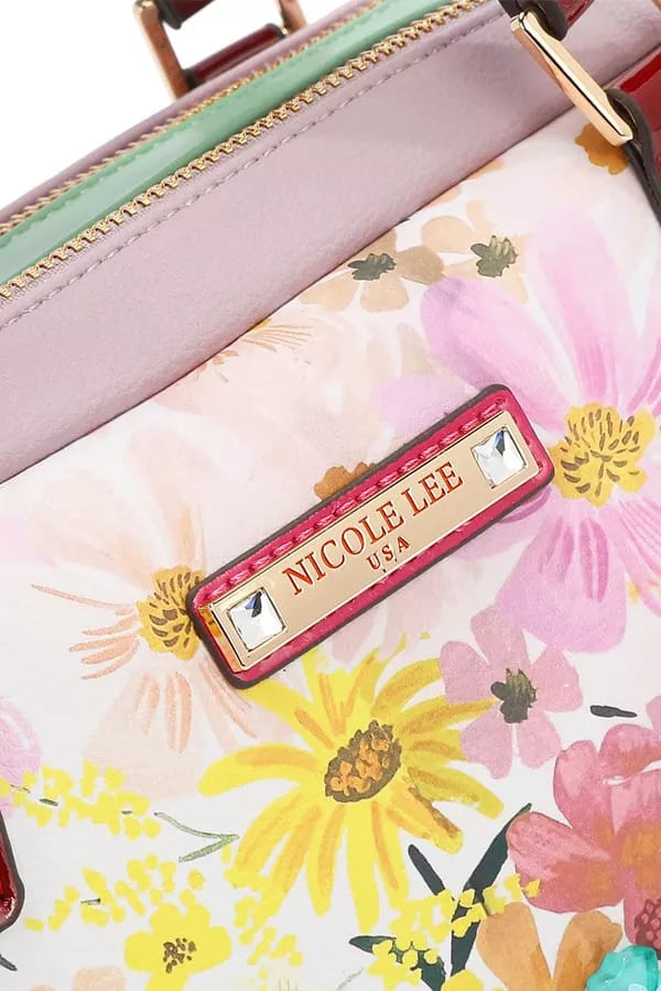 Dreams Blossom Handbag – Nicole Lee USA medium vegan leather purse with 3D floral appliqués, sequins, and rhinestone embellishments.