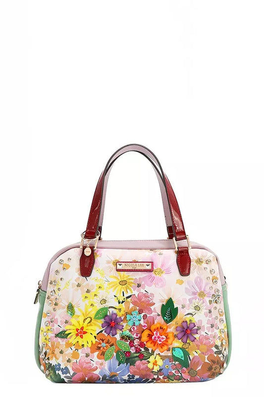 Dreams Blossom Handbag – Nicole Lee USA medium vegan leather purse with 3D floral appliqués, sequins, and rhinestone embellishments.