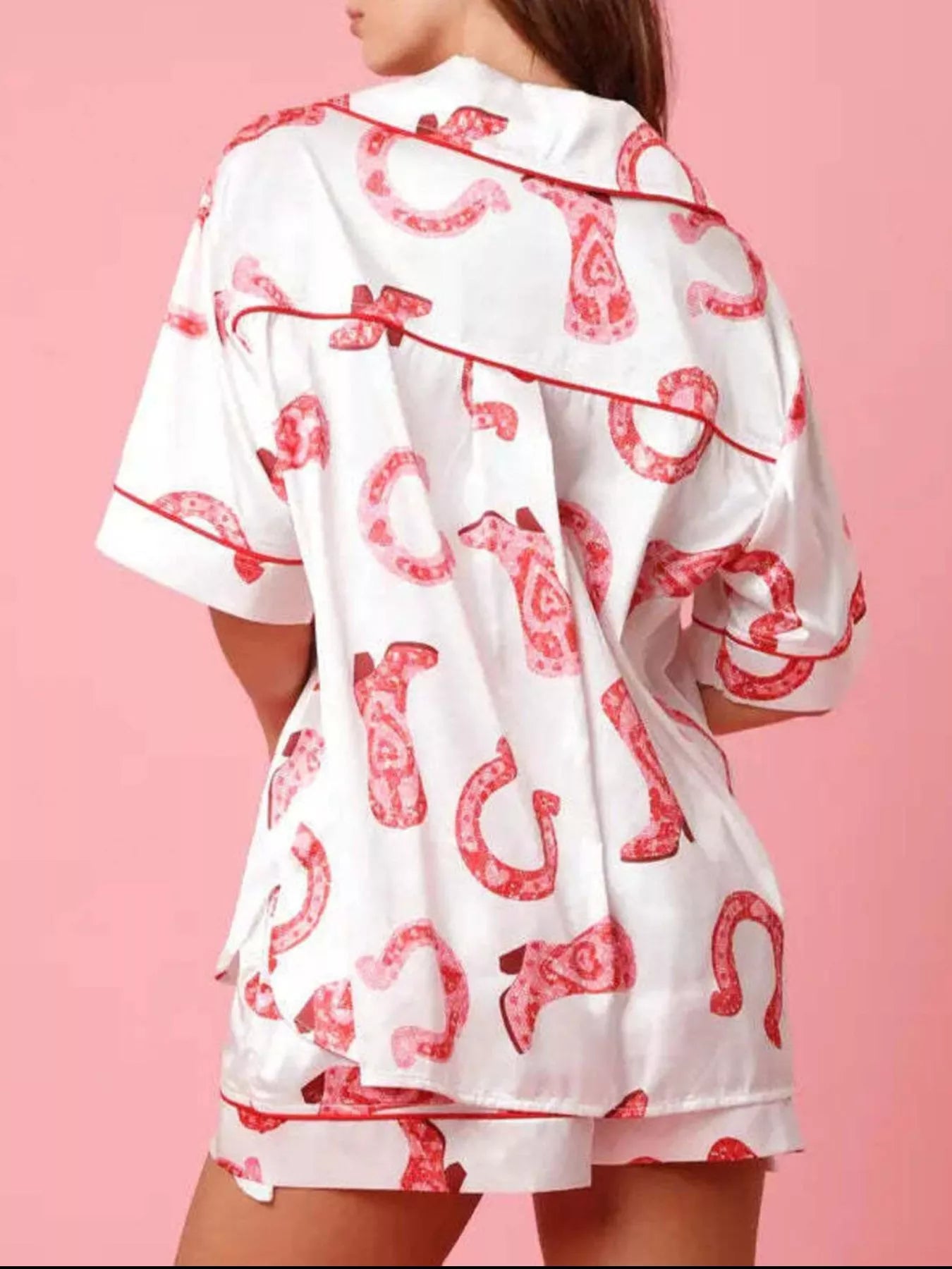 Women’s button-up pajama set with cowgirl boot and horseshoe print in red and white