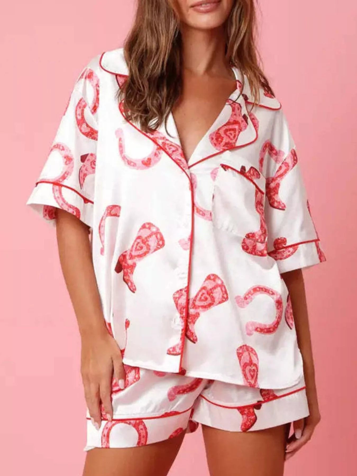 Women’s button-up pajama set with cowgirl boot and horseshoe print in red and white