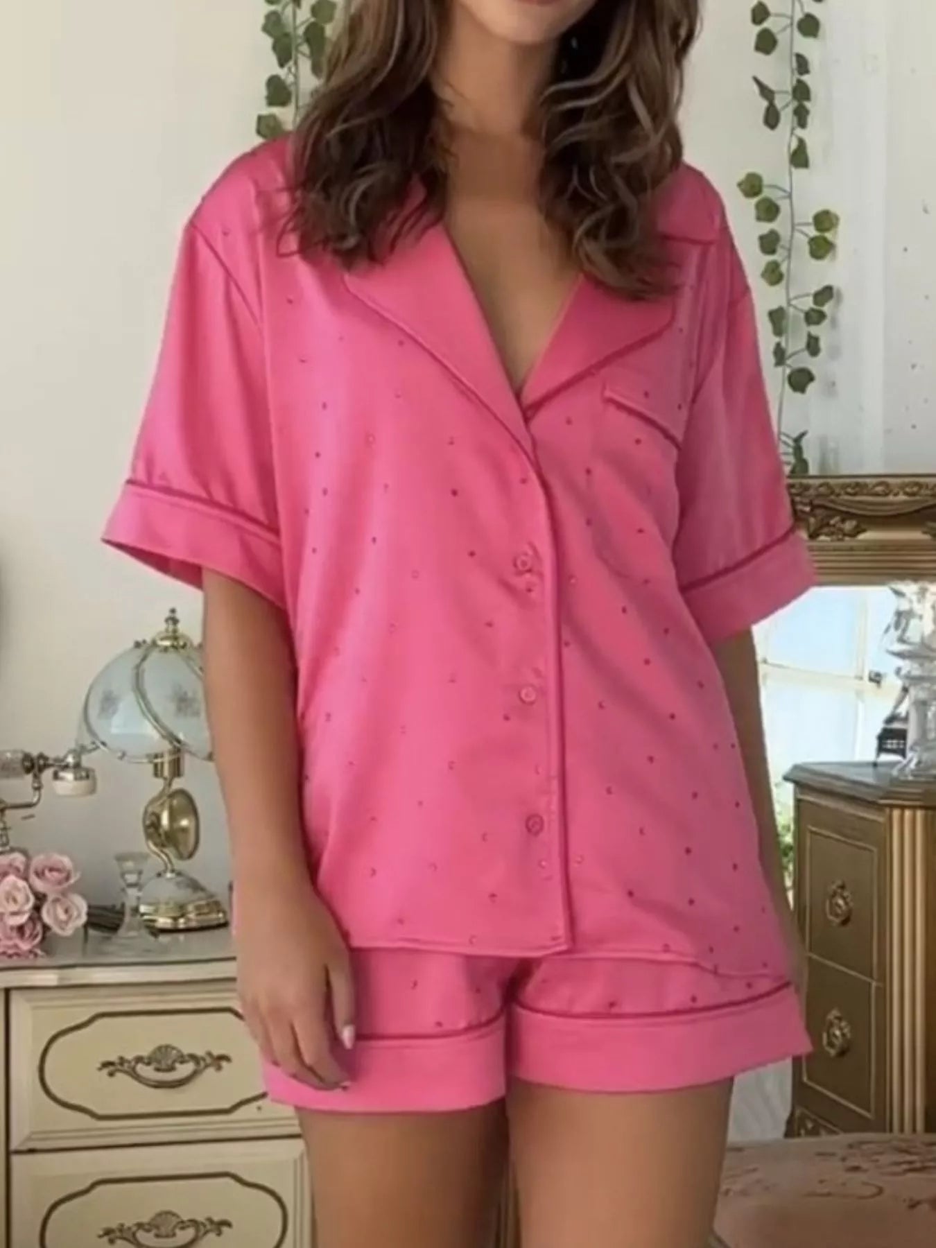 Women’s button-up short sleeve pajama set in solid hot pink with matching shorts