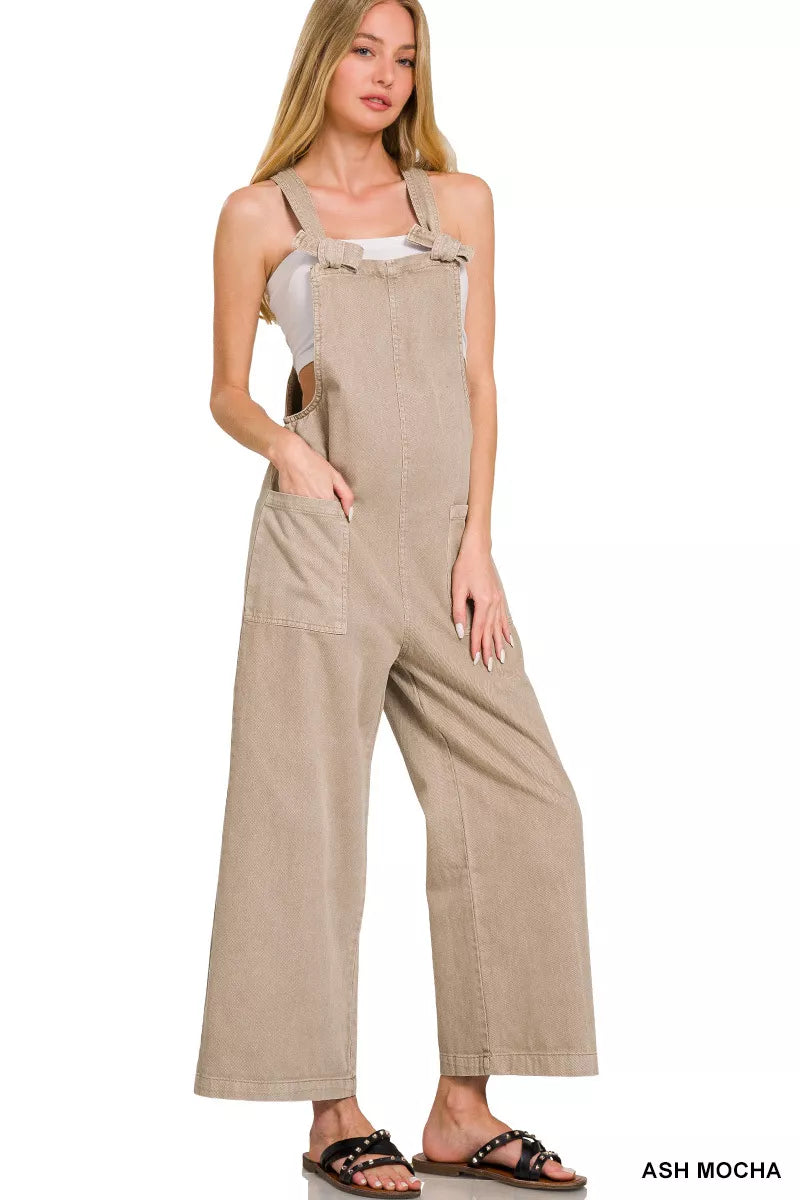 Driftwood Knot Jumpsuit by Zenana – washed cotton jumpsuit in ash mocha with knot straps and pockets.