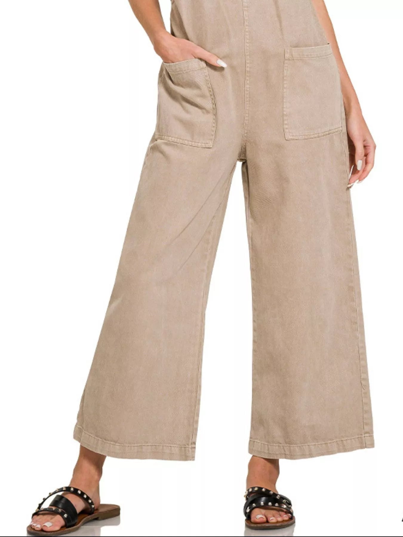 Driftwood Knot Jumpsuit by Zenana – washed cotton jumpsuit in ash mocha with knot straps and pockets.