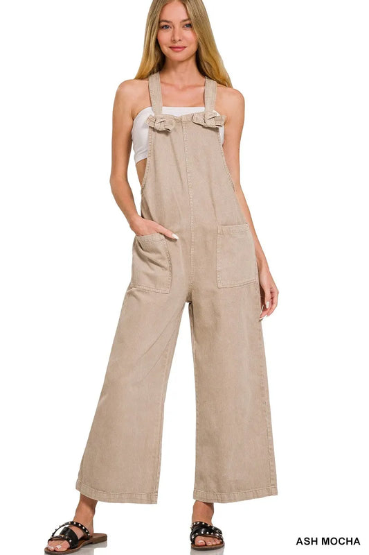 Driftwood Knot Jumpsuit by Zenana – washed cotton jumpsuit in ash mocha with knot straps and pockets.