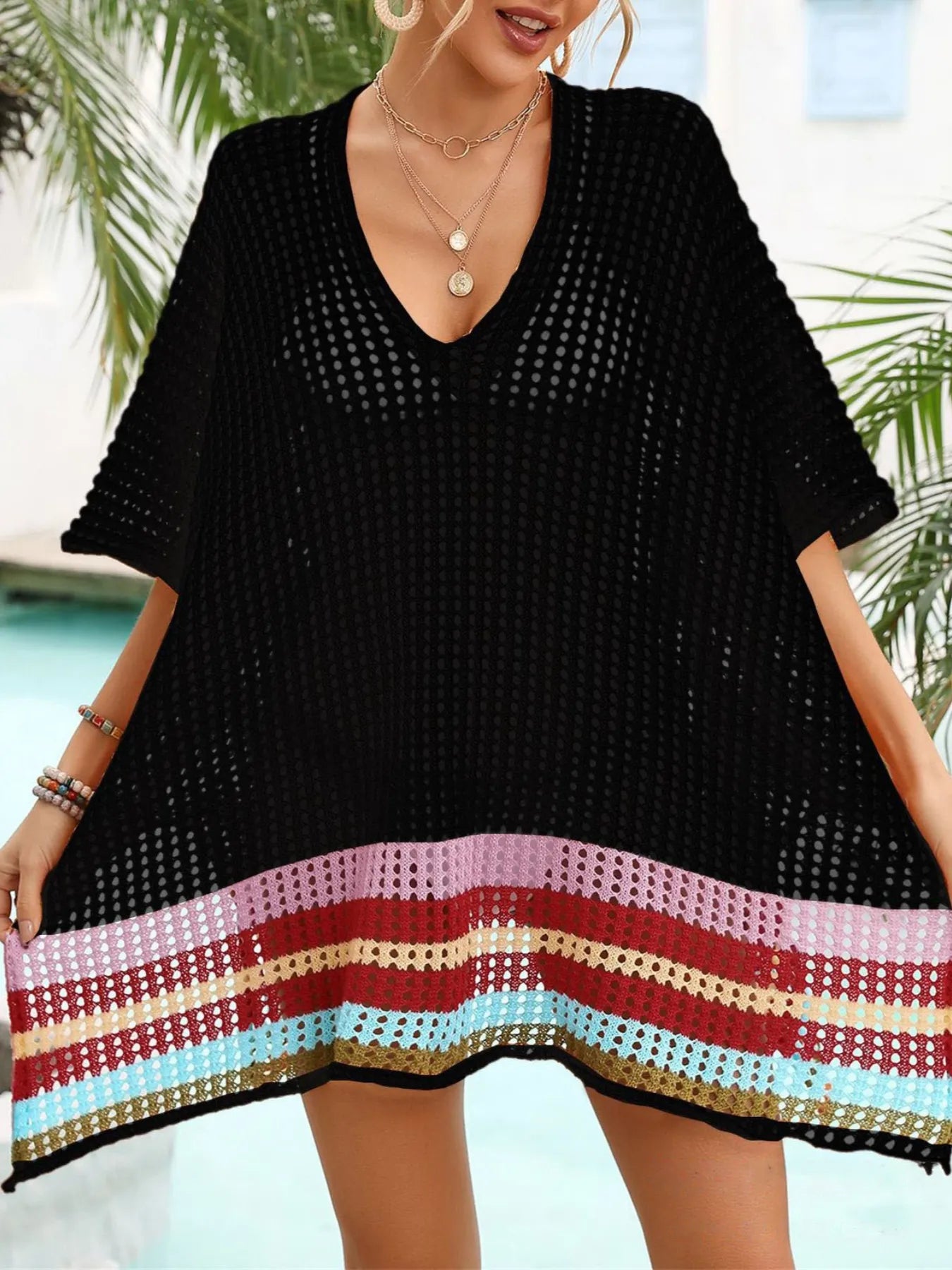 Crochet V-neck cover-up dress with cutout details and side slits – Driftwood Shores style from A Whimsical Affair.
