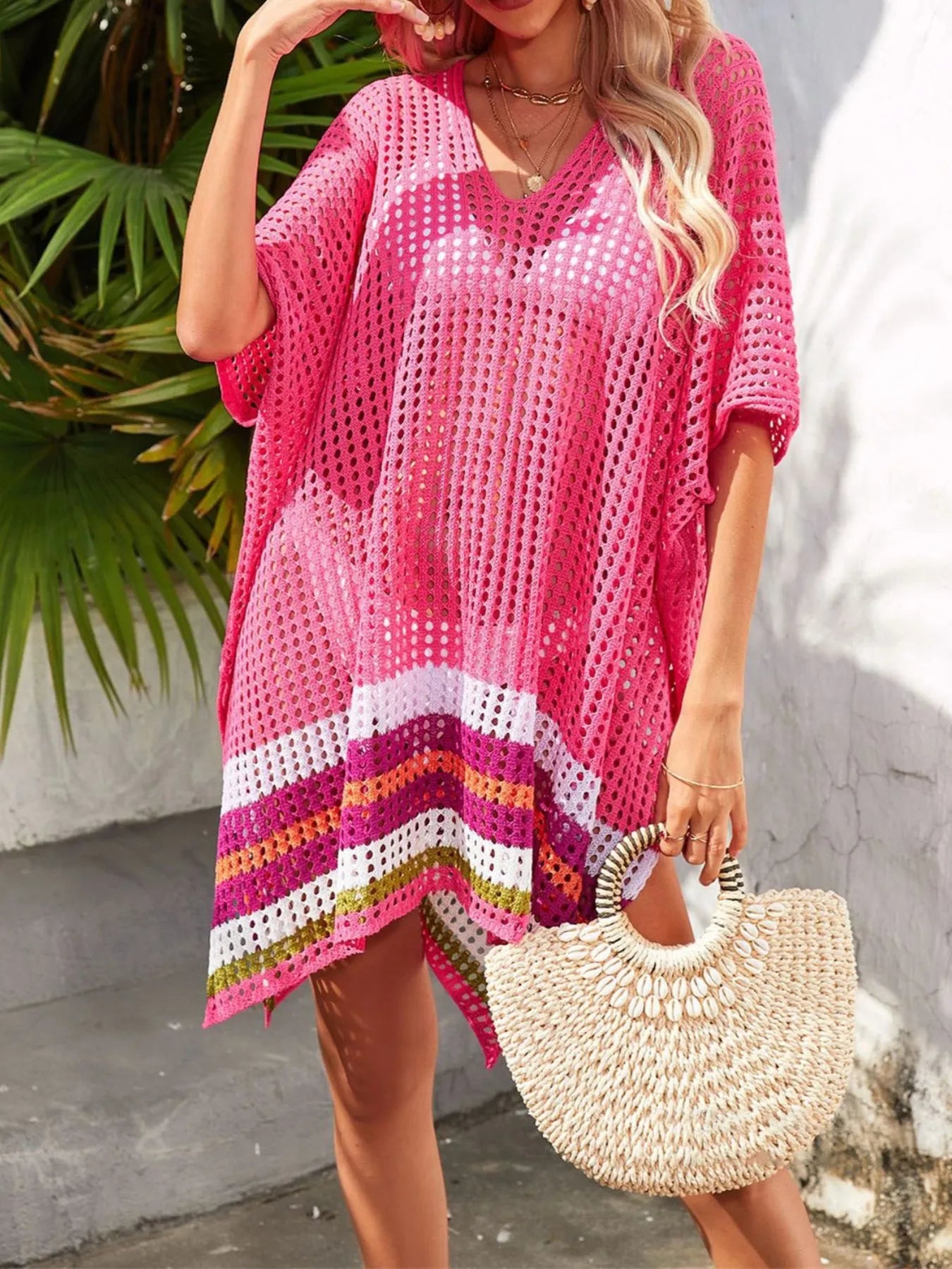 Crochet V-neck cover-up dress with cutout details and side slits – Driftwood Shores style from A Whimsical Affair.