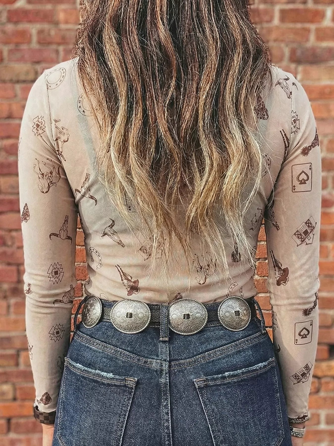 sheer long sleeve western mesh top with desert icons and neutral tones