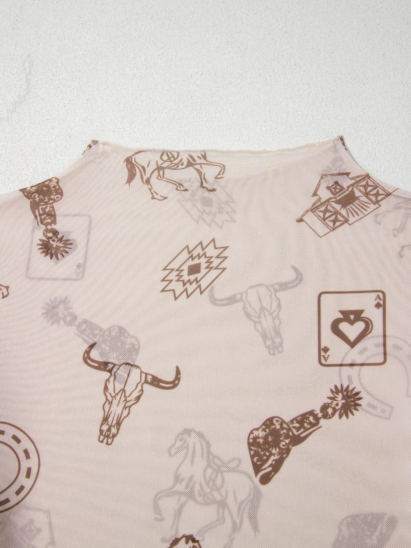 sheer long sleeve western mesh top with desert icons and neutral tones