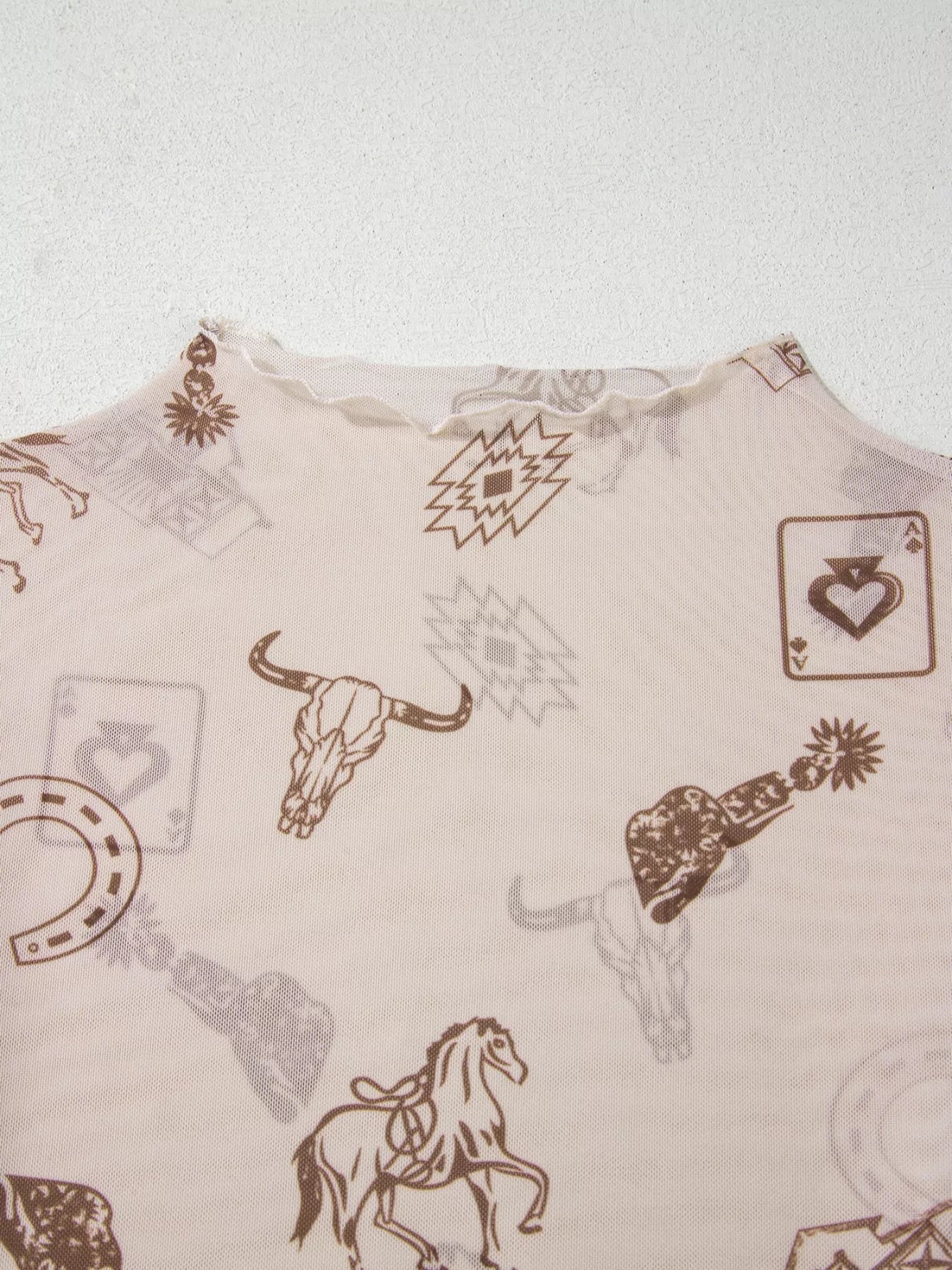 sheer long sleeve western mesh top with desert icons and neutral tones
