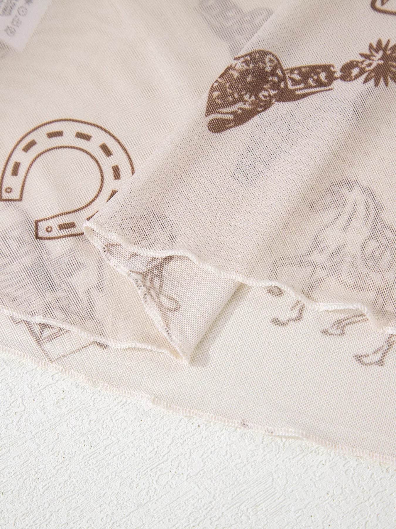 sheer long sleeve western mesh top with desert icons and neutral tones