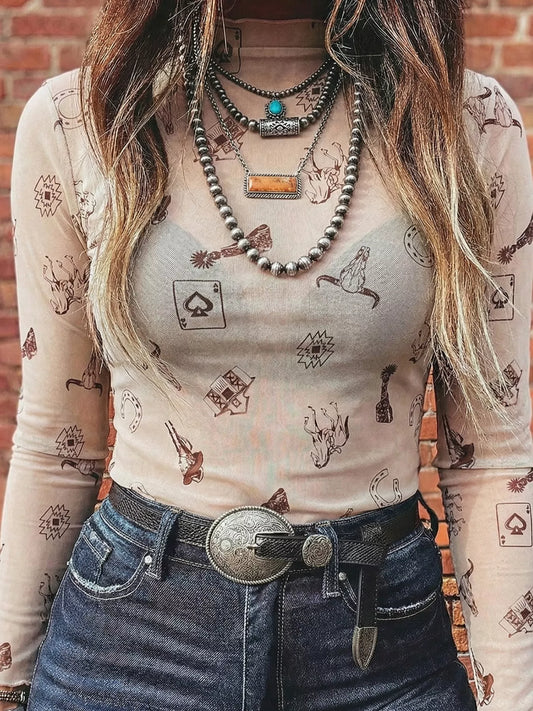 sheer long sleeve western mesh top with desert icons and neutral tones