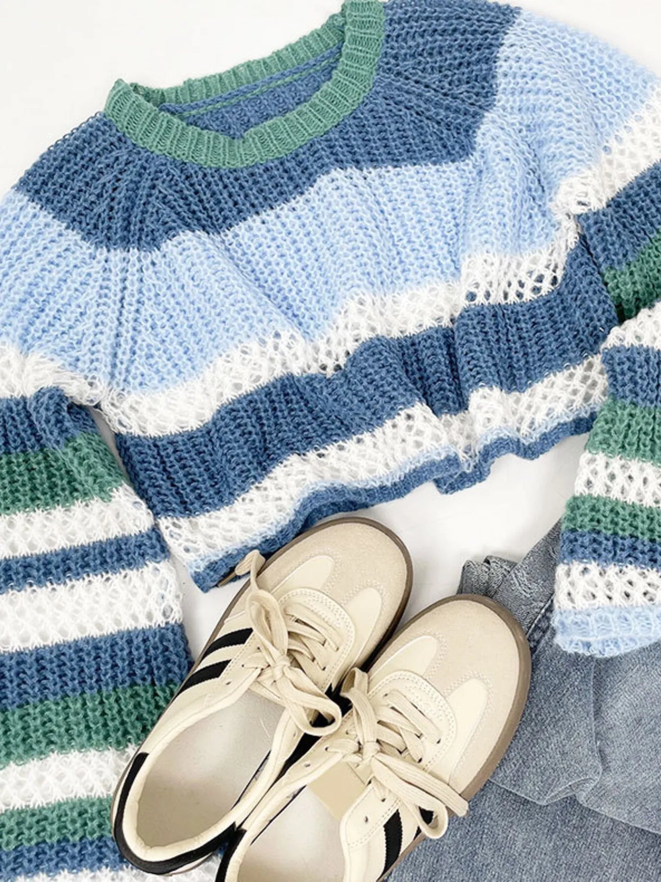 Dusty Horizon Crop Sweater – openwork striped color block knit in dusty blue with flared sleeves.