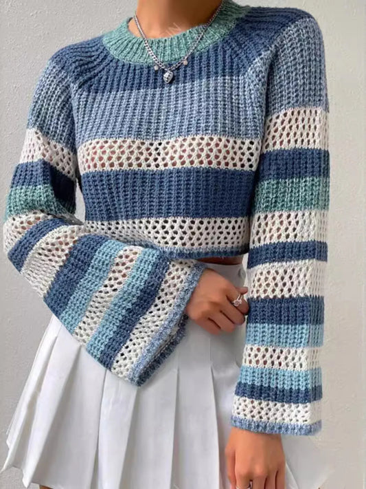 Dusty Horizon Crop Sweater – openwork striped color block knit in dusty blue with flared sleeves.