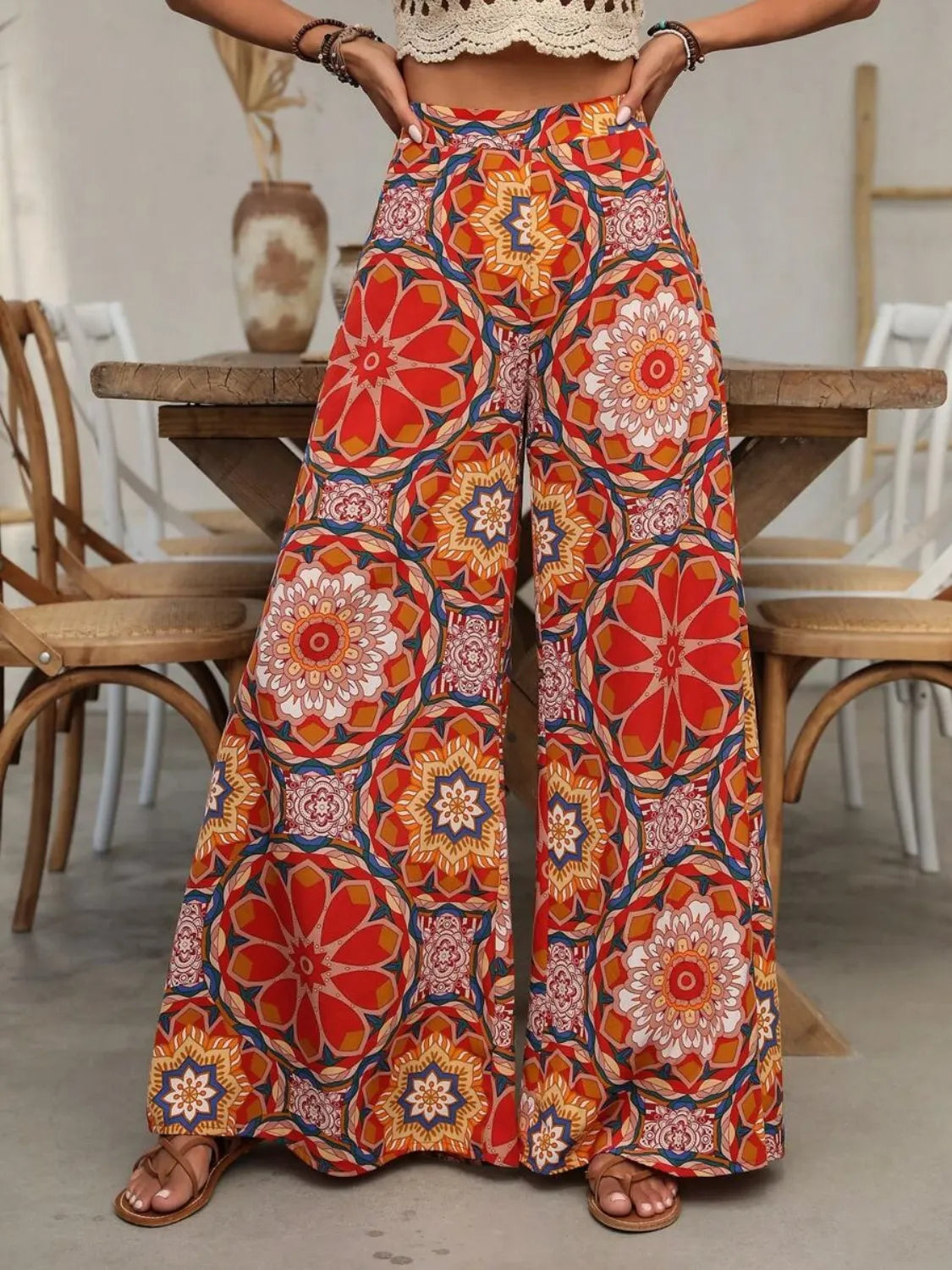 Orange-red printed wide-leg pants in lightweight polyester – Ember Glow style from A Whimsical Affair.