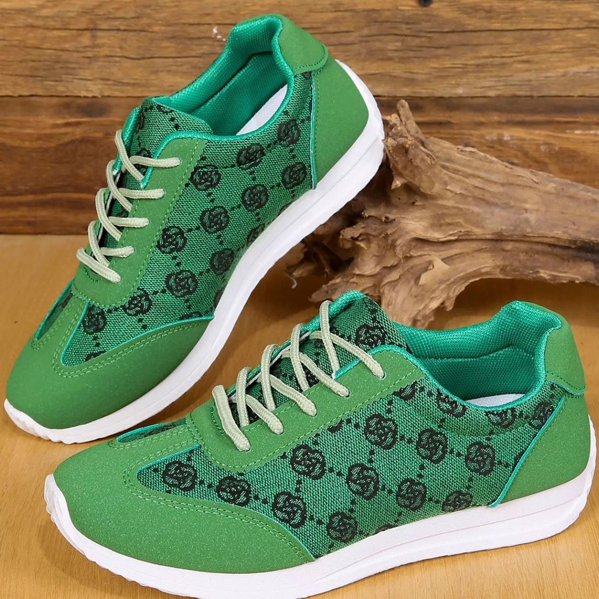 Green patterned lace-up comfort sneakers with flat sole